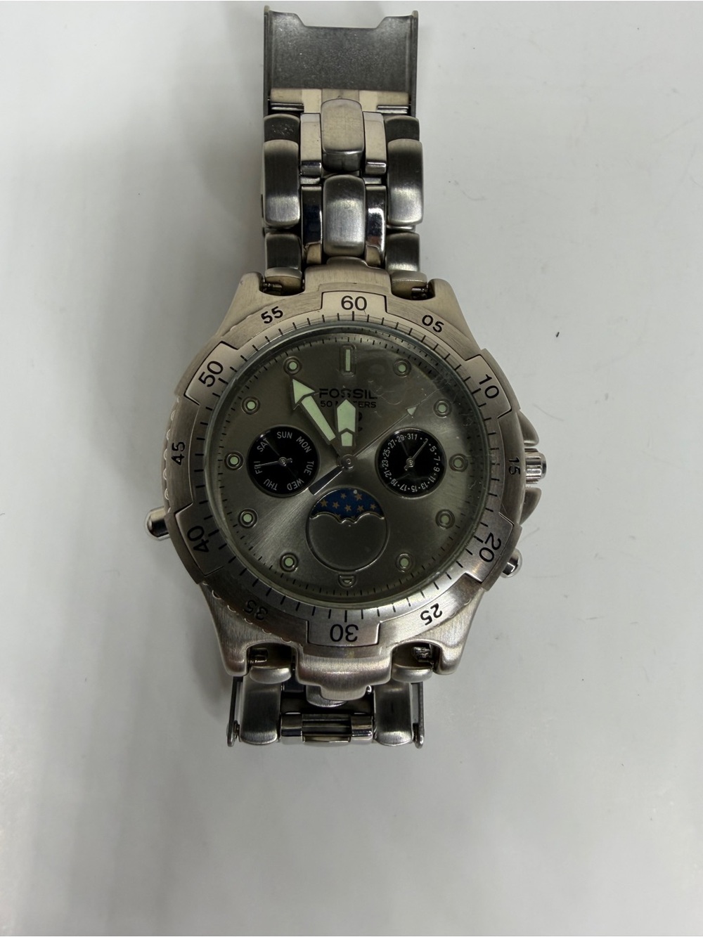 Men's Fossil Blue BQ-9011 Silver Quartz Watch Factory Bracelet 7” Needs Battery